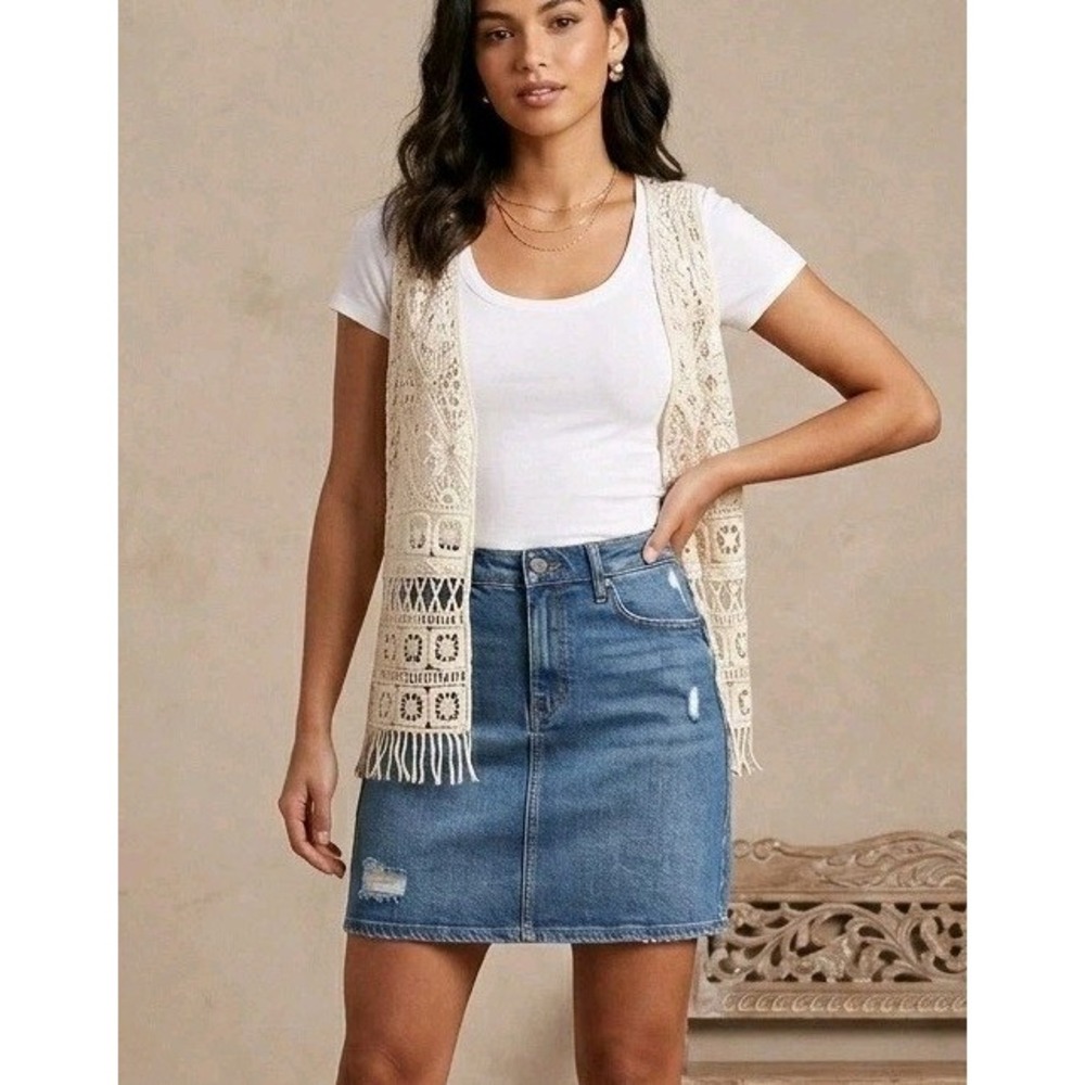 Old Navy Denim Mini Skirt Womens 2 Blue w/ Crochet Top Boho Festival Stretch NWT